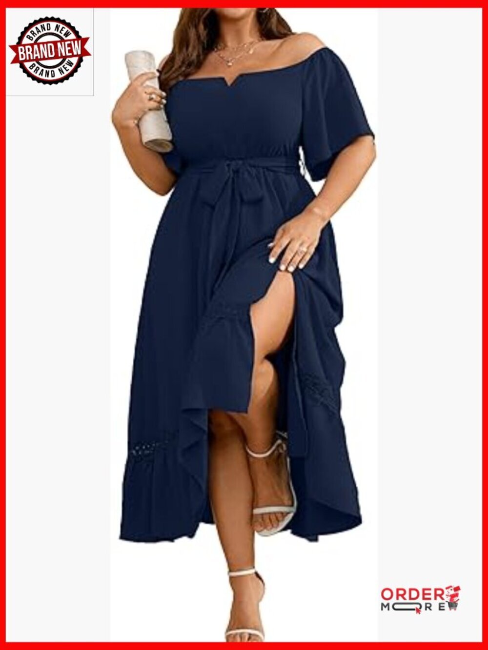 Plus Size Off Shoulder Maxi Dress with Belt for Wedding Guest Formal